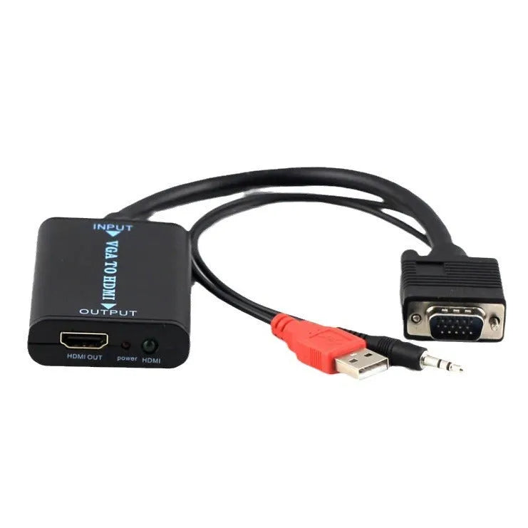 Black VGA to HDMI female converter with USB power cable for 1080p video and audio output.