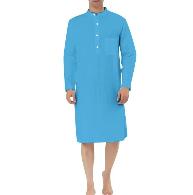 Men's button-front cotton robe in light blue with large patch pockets, shown in size medium.