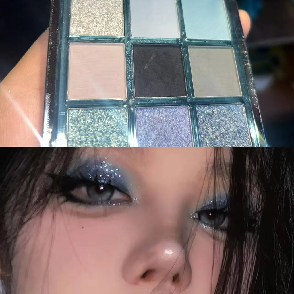 MUGELEEN nine-colour eye shadow palette showing low saturation blue smoked tones with matte and shimmer textures