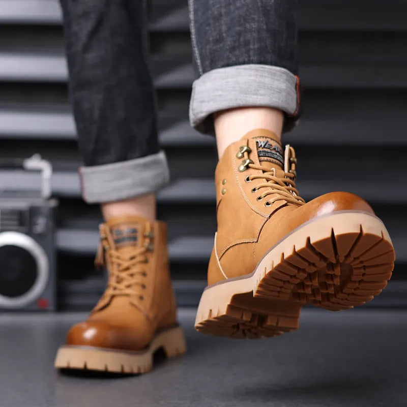 Men's brown leather high-top Martin boots with side zipper and mid heel for height increase