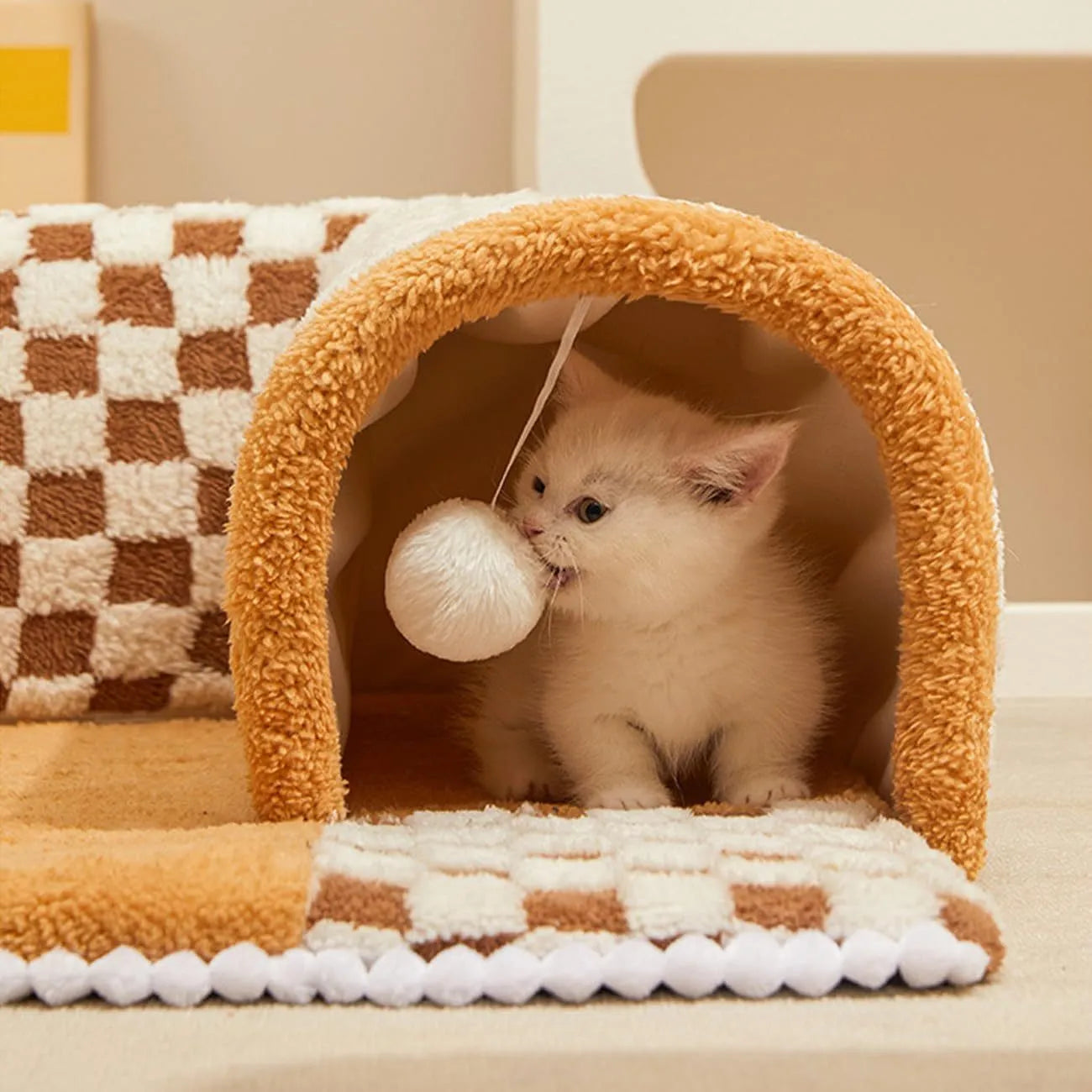 XL fan-shaped plush pet bed tunnel for dogs and cats in yellow plaid colour with anti-slip bottom.