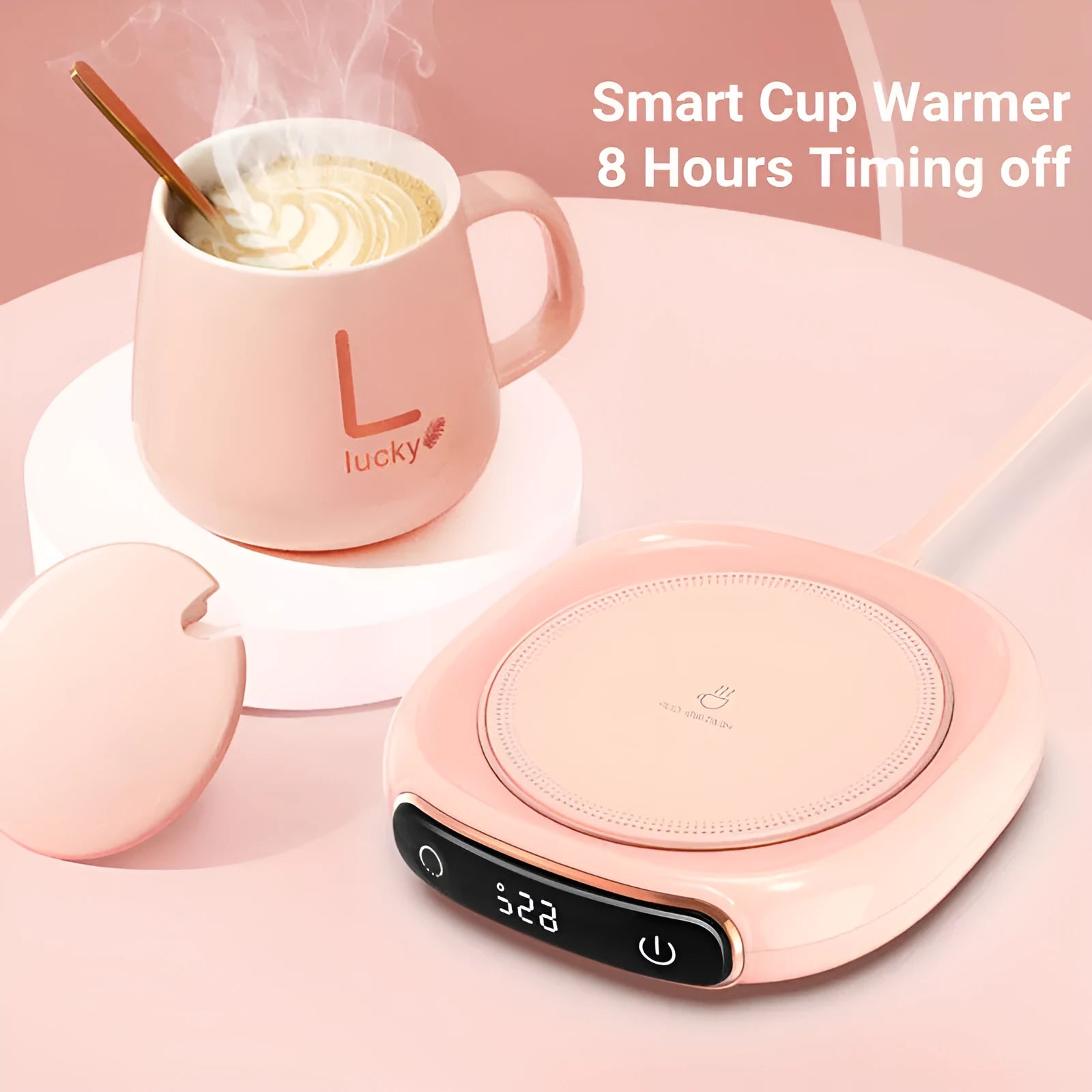 White electric mug warmer heating coaster on desk USB powered 130x110mm