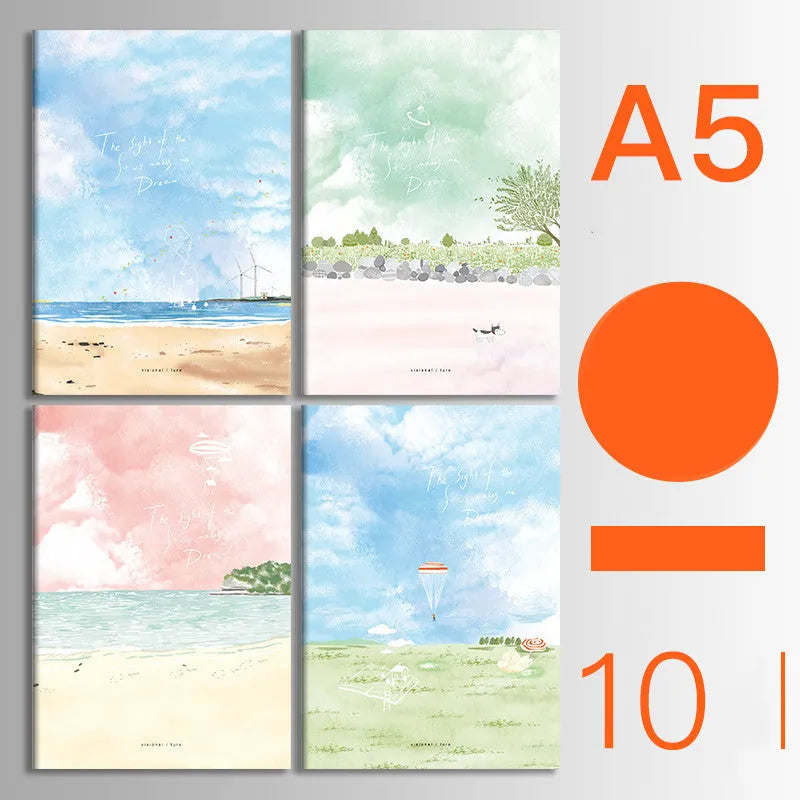 Bundle of ten soft-cover kraft paper notebooks with thread binding in various animal and nature designs.