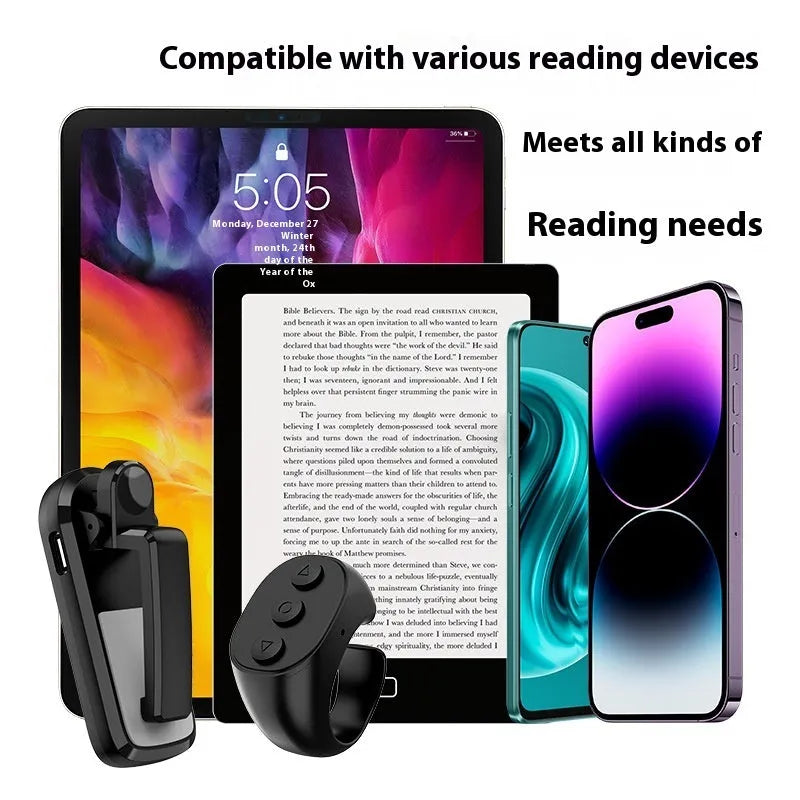 Smart wireless page turner remote control and clicker in black, white, or pink colour options.