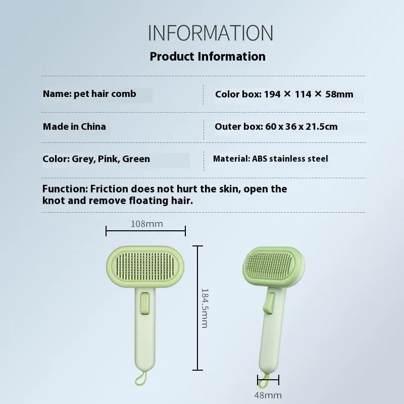 Large light grey pet hair removal comb with stainless steel blade and one-click button.