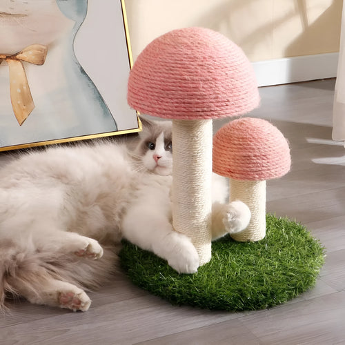 Pink mushroom-shaped cat scratching post with natural sisal caps and pole for kittens