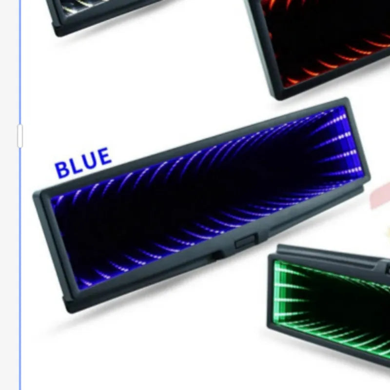 280mm wide car flat rearview mirror in blue plastic with integrated 3D lighting strips, shown mounted in a vehicle.