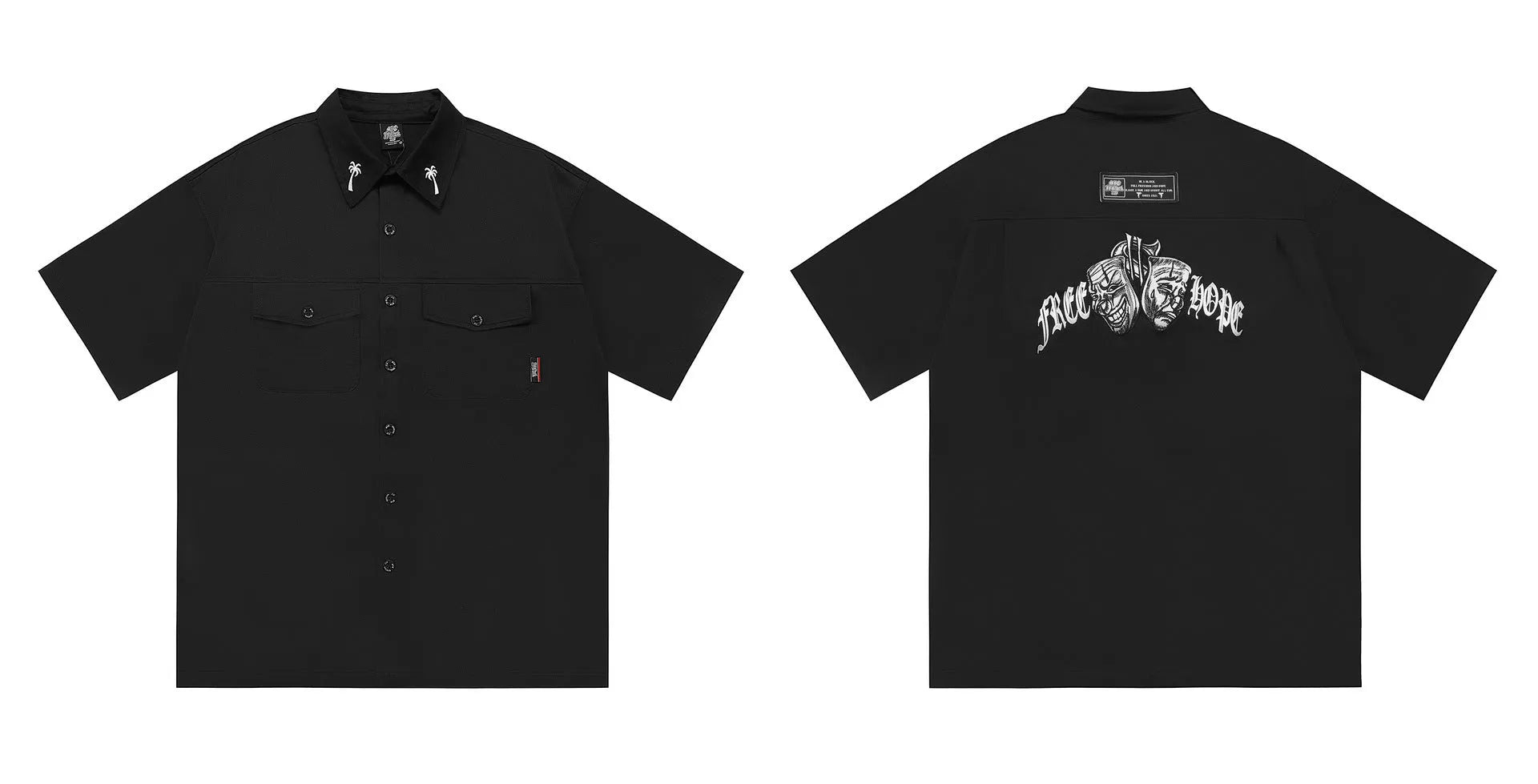 Men's loose black half-sleeve cotton shirt with embroidered chest pocket detail