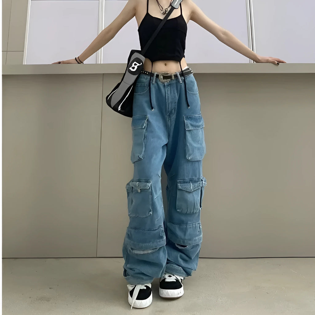 High waist wide leg denim trousers with multi-pocket street hipster design in blue colour