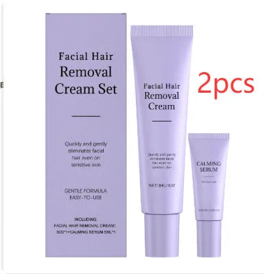 Facial hair removal cream set with 30g depilatory tube and 5ml ball essence, on a white background