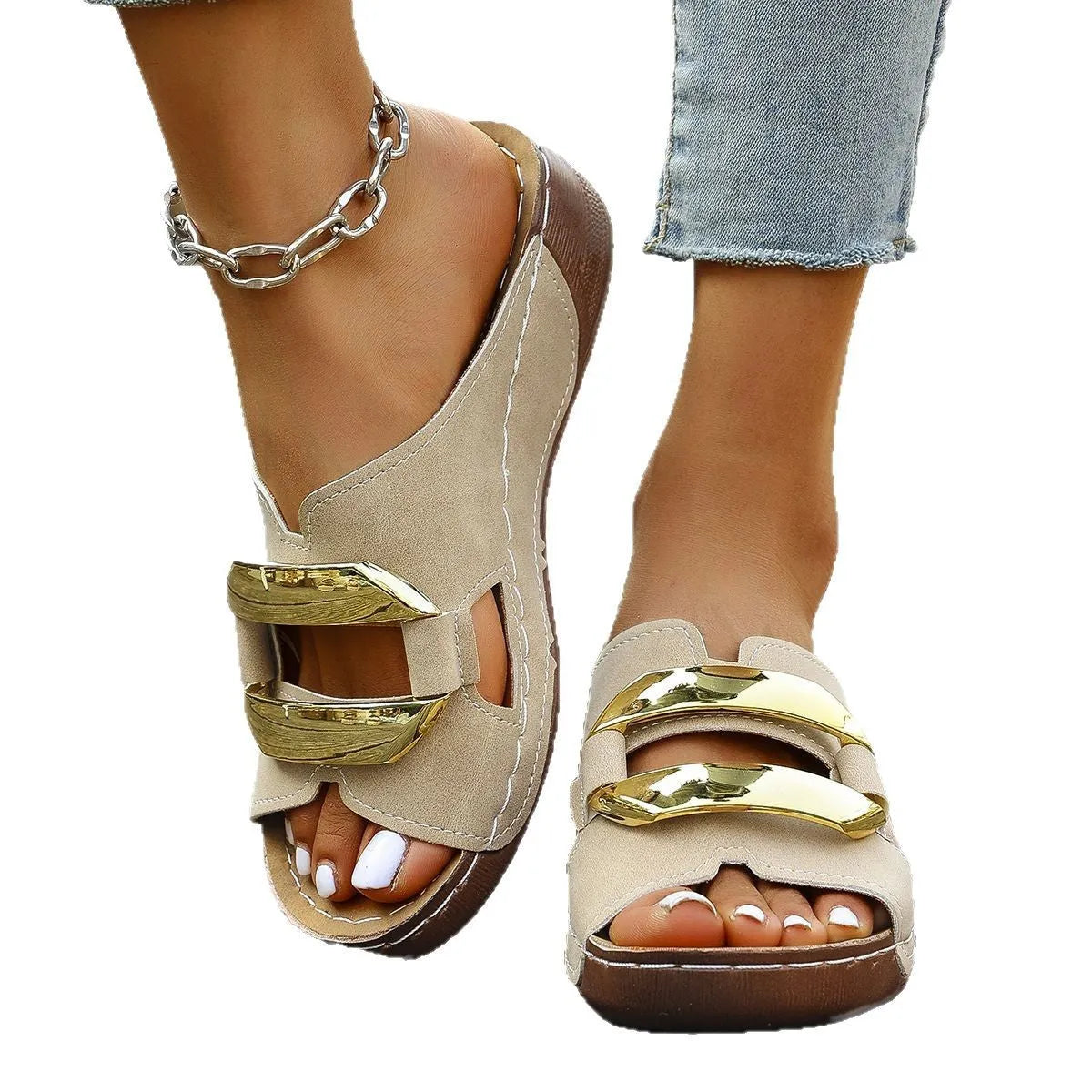 Roman style platform sandals in white, black, khaki, and sea blue colours on a rubber sole