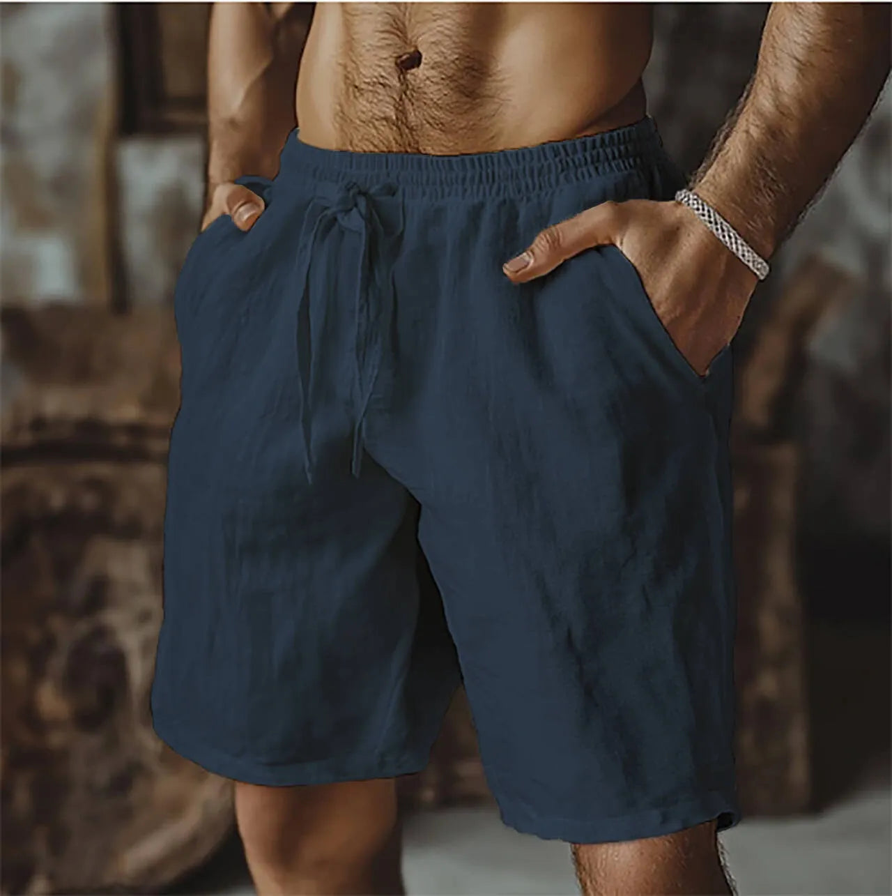Men's straight-leg cotton linen casual shorts in grey, showing the British style and fit.