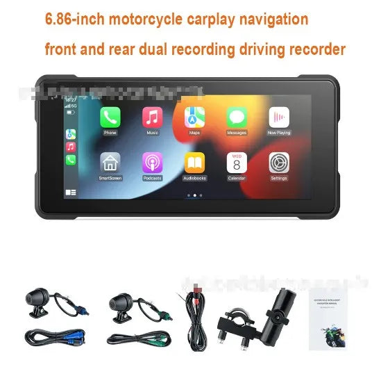 6.86-inch motorcycle driving recorder with IP68 waterproof shell, high brightness IPS touch screen, and dual recording cameras mounted on handlebars