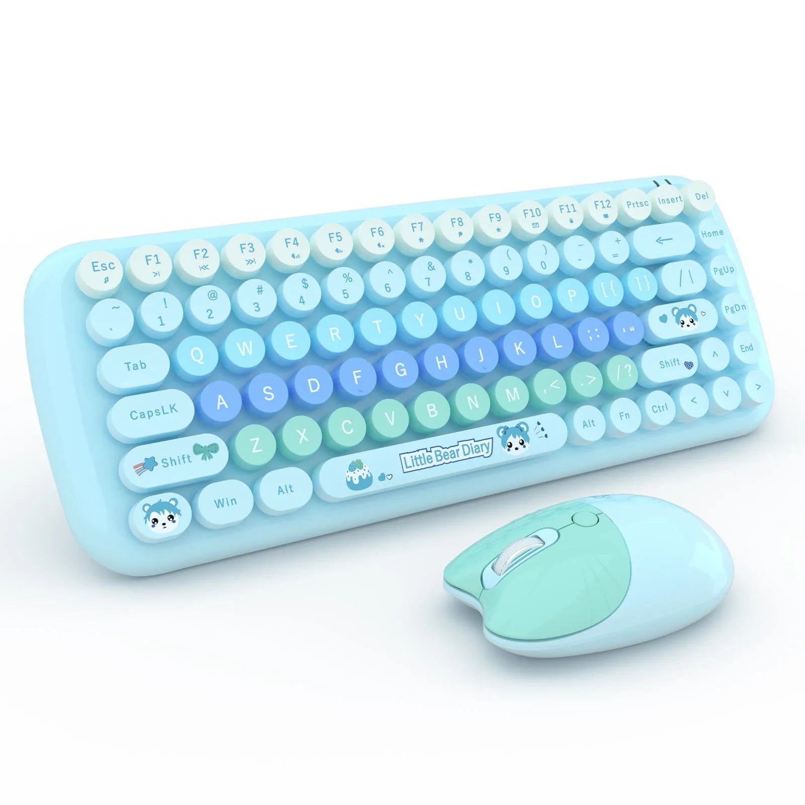 Pink mini cartoon-style wireless keyboard and mouse set on a desk with receiver.