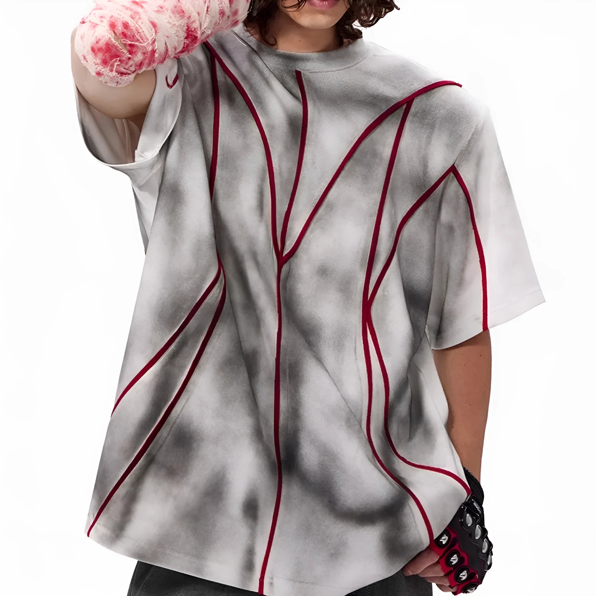 Padded shoulder short sleeve T-shirt with three-dimensional line patchwork design in picture colour.