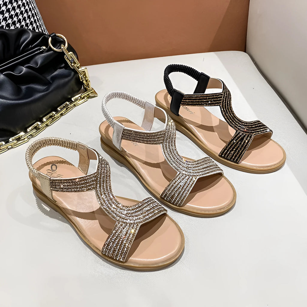 Women's patent leather summer sandals with rhinestone decoration in gold, silver, or black colours