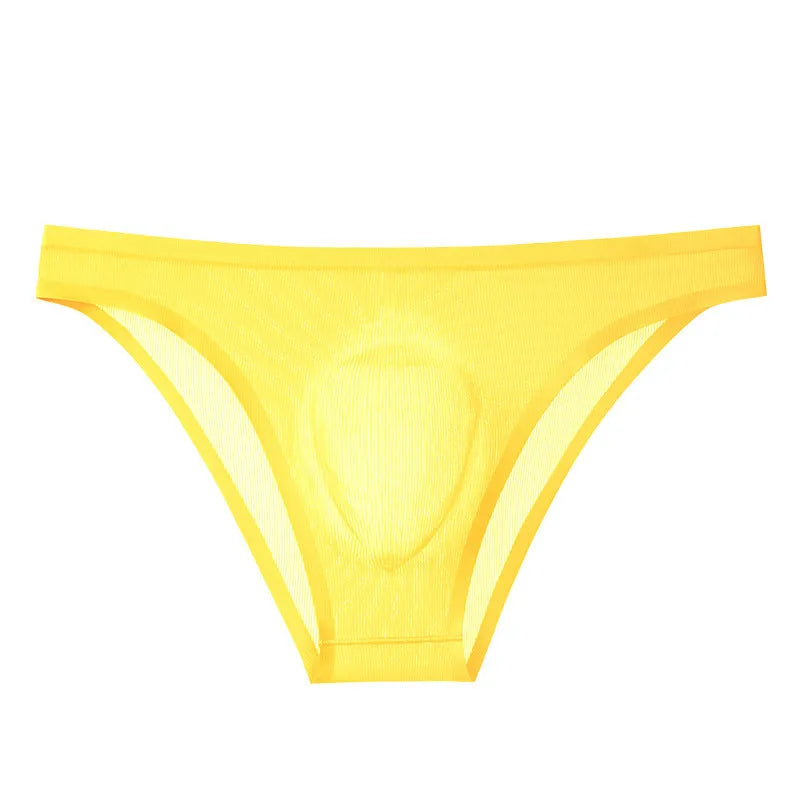 Translucent ultra-thin seamless Ice Silk men's underwear briefs in black stripes, low-waist knitted nylon construction