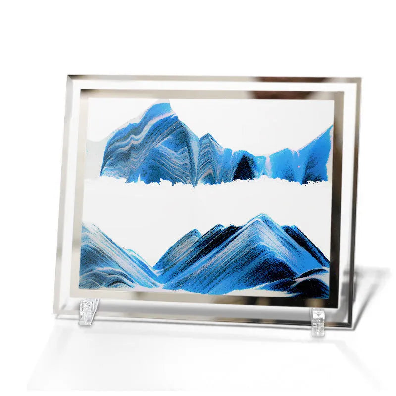Geometric glass ornament with internal landscape quicksand painting in black, white and green colours.