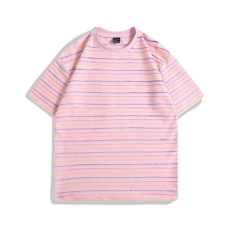 Striped loose fit short sleeve t-shirt in apricot colour with round neck collar
