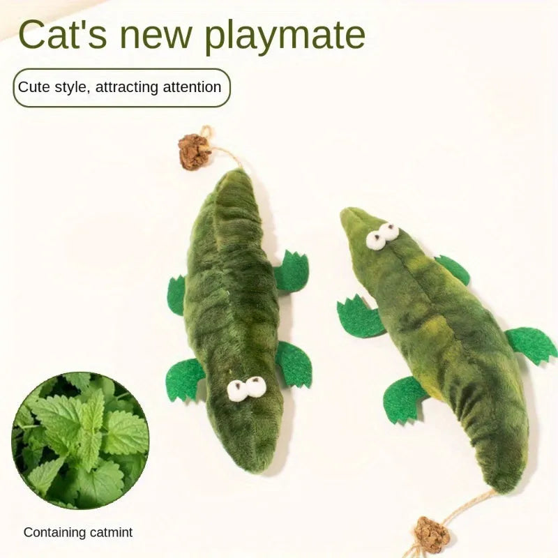 Green plush alligator catnip toy with peppermint scent for feline oral care and play
