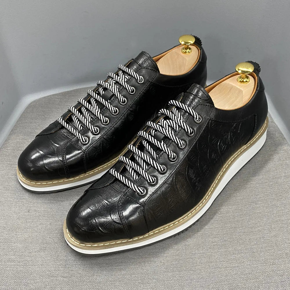 Men's pattern embossed handmade shoes in low tube height with front tie design in four colour options