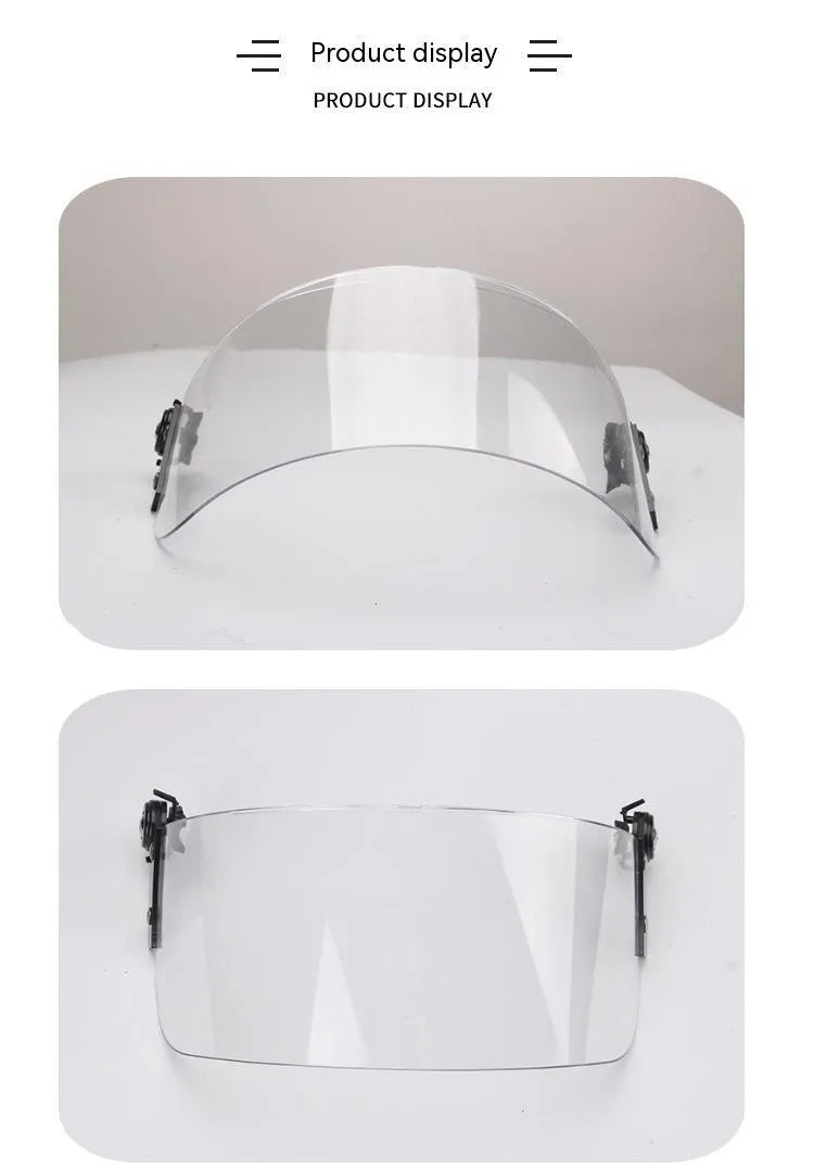 Transparent polycarbonate safety mask for helmet attachment, 30cm wide by 15cm high.