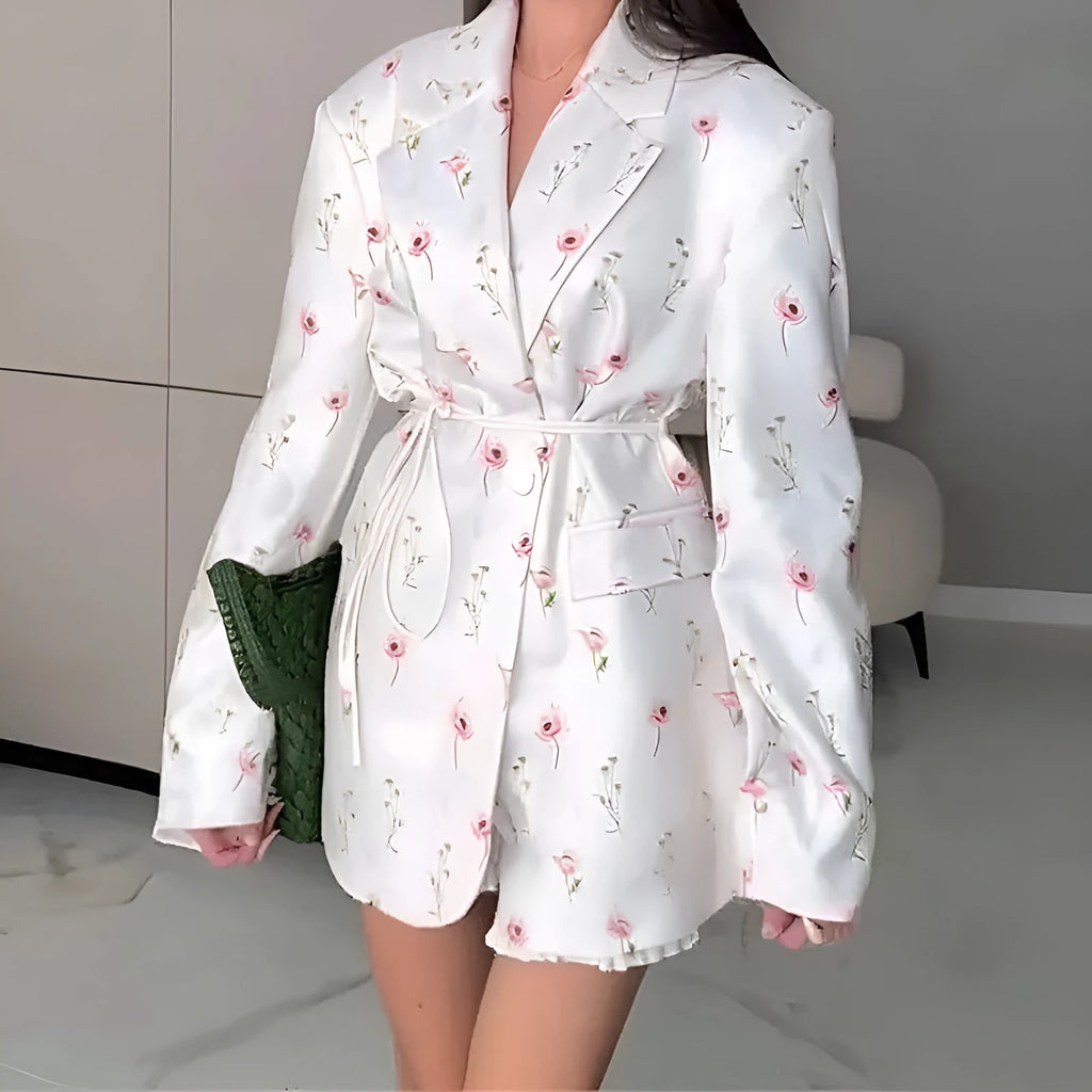 Womens lace-up collar suit jacket in a floral print with a cinched waist