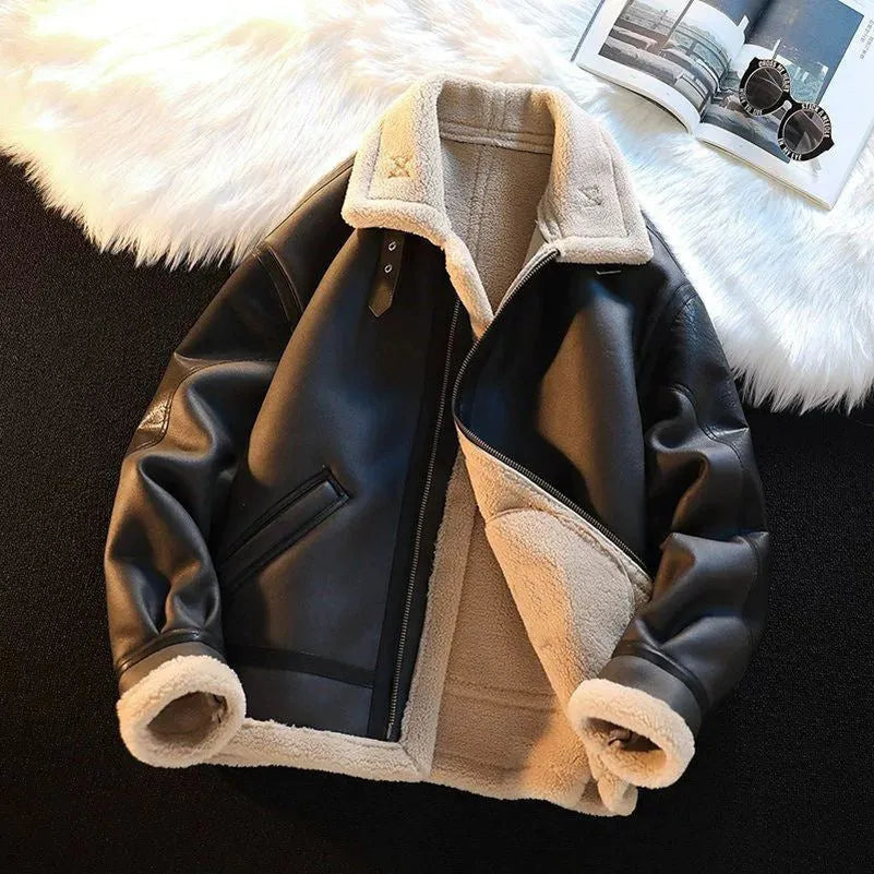 Men's Winter Fleece Cashmere Leather Coat Casual Solid Colour Polyester Jacket Black Dark Brown Sizes M L XL 2XL 3XL Teenagers Adults Male Casual Wear Outerwear
