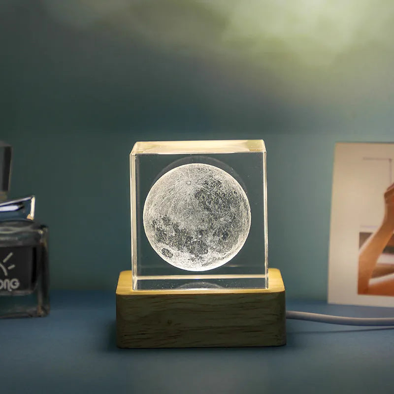 3D crystal cube night lamp with warm light and glass lampshade, available in 40mm and 60mm sizes