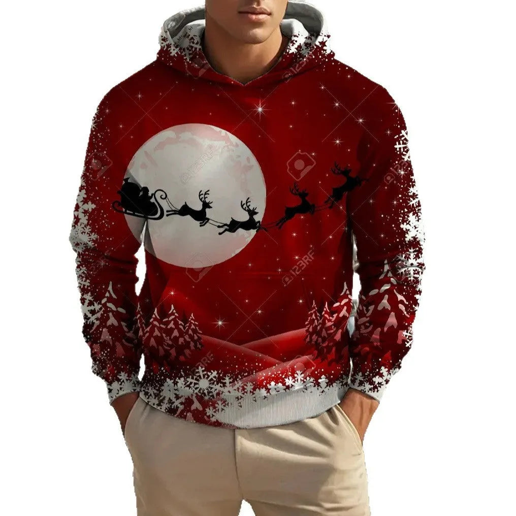 Men's Christmas reindeer 3D printed hoodie in red, front view, pullover style, polyester fibre fabric.