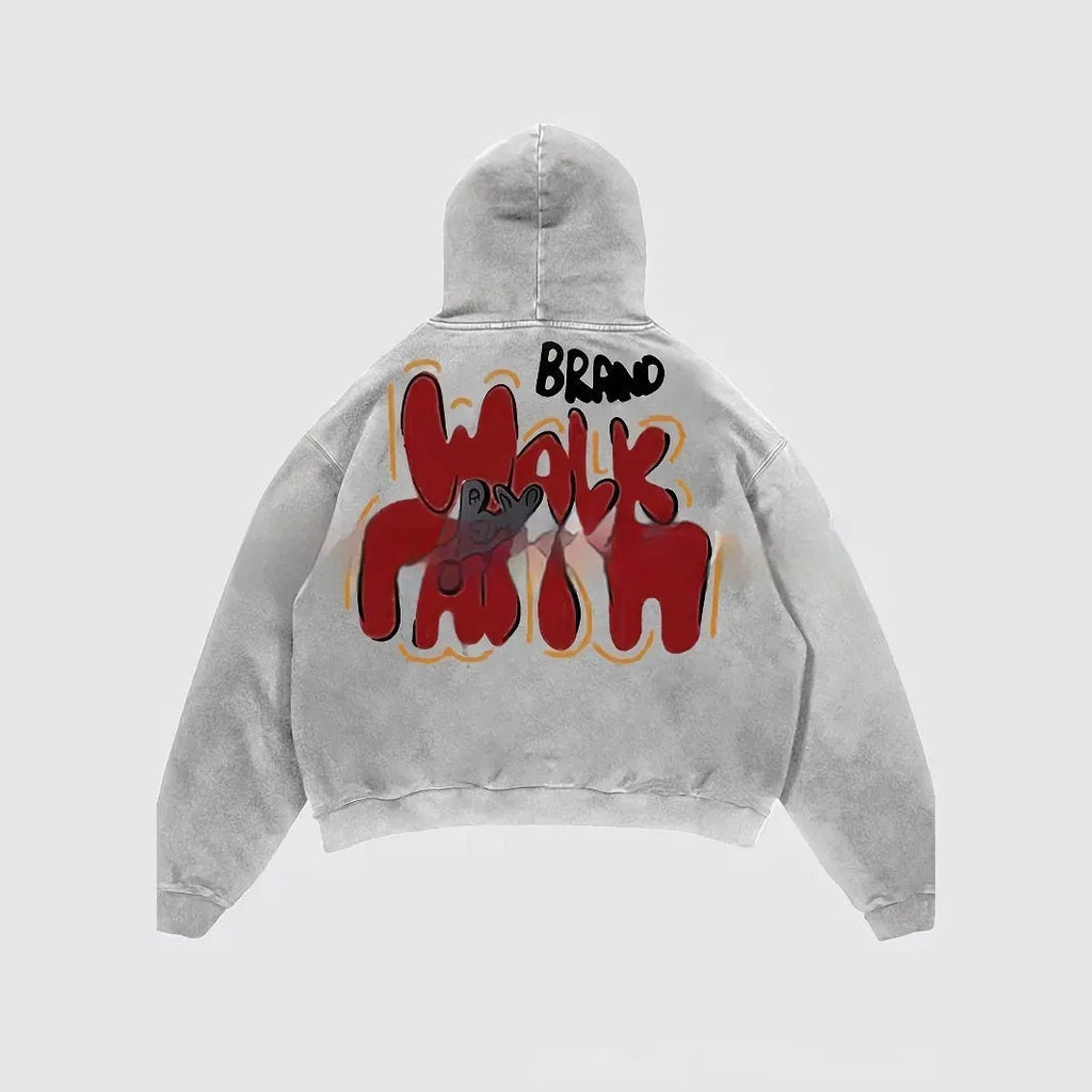 Granny grey hoodie with vintage letter print, long sleeves and pockets, street hipster style