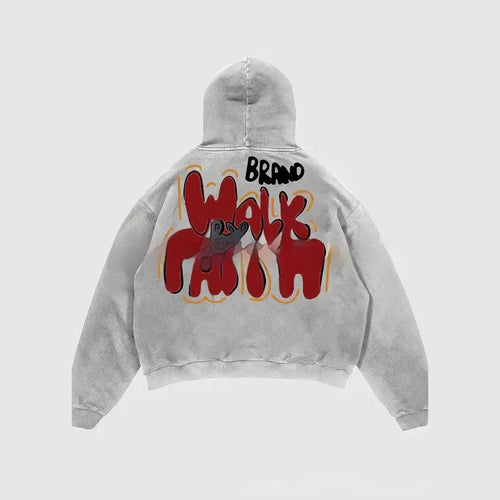 Granny grey hoodie with vintage letter print, long sleeves and pockets, street hipster style