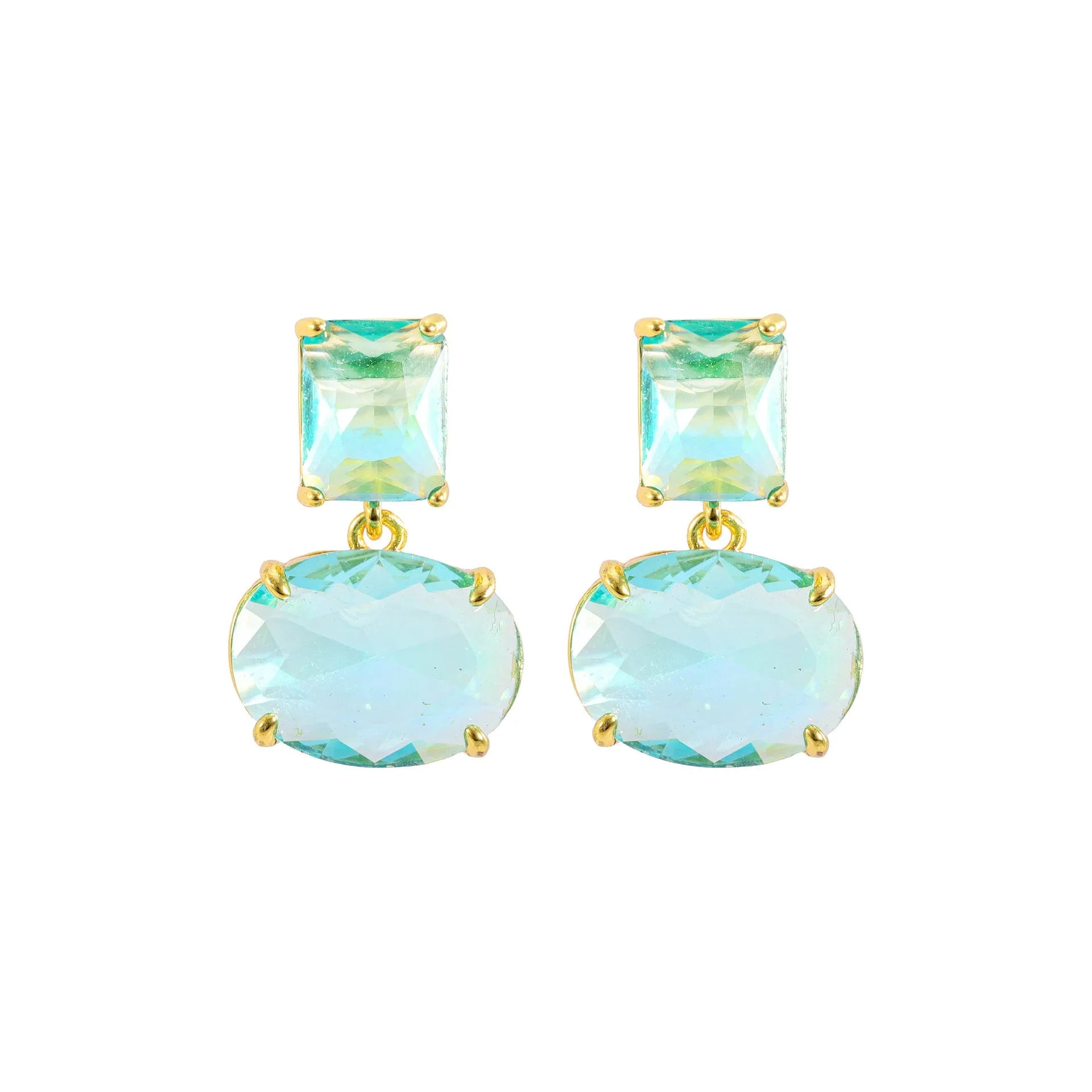 Crystal geometric ellipse earrings in golden blue with real gold plating and glass pendant on copper base