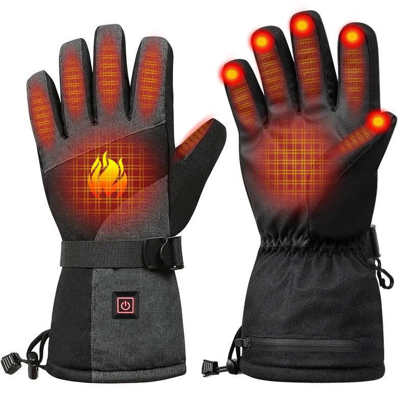 Men's and women's black nylon outdoor cycling heated gloves with batteries and charging cable