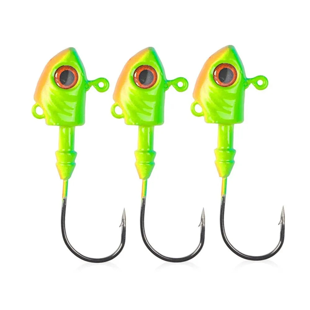 Yayu shaped lead head fishing hooks in blue, silver, yellow with weights from 3.5g to 28g and soft baits.