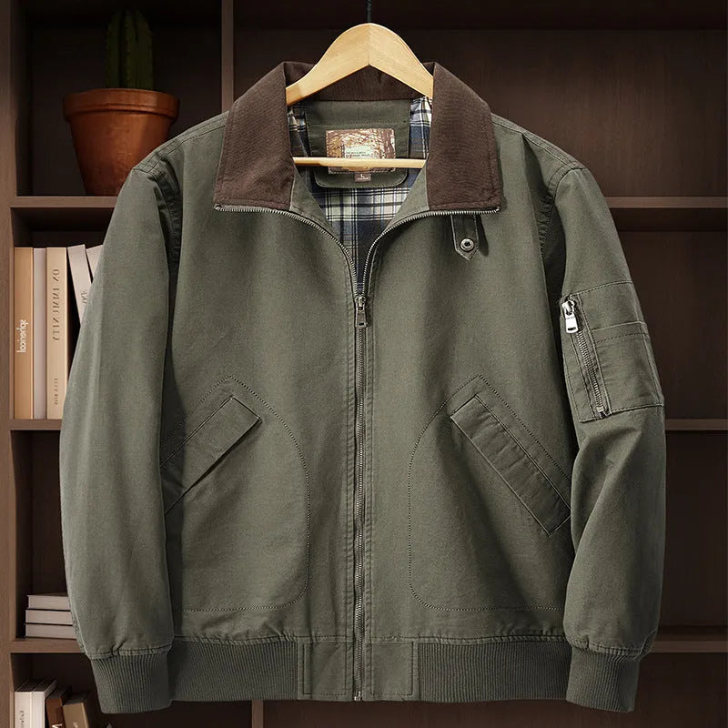Men's plus size washed cotton baseball jacket shown in Camel colour on a hanger.