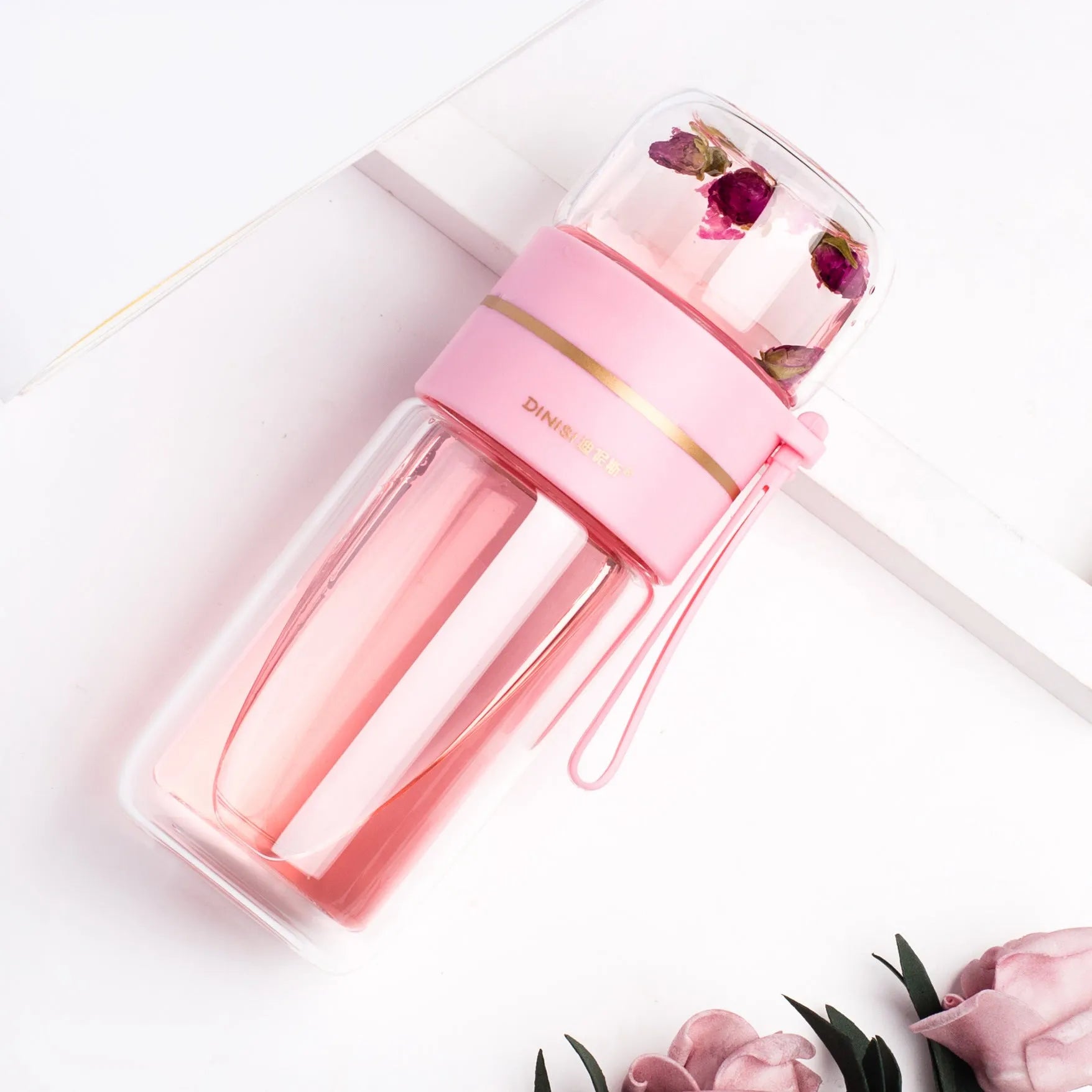 Double wall glass water bottle with tea infuser filter, leakproof, high borosilicate, stainless steel strainer, portable rope, 400ml