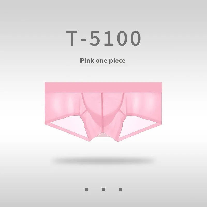 Men's low waist seamless underwear in sheer ice silk nylon fabric, shown in multiple colours.