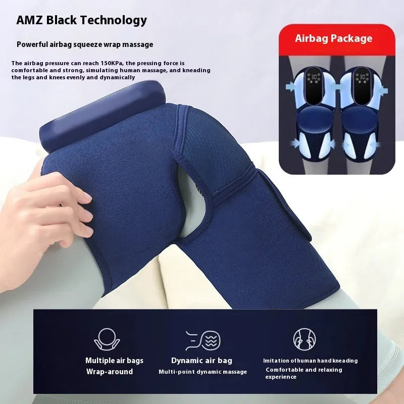 Airbag Blue self-heating knee massager showing adjustable straps for free-size fit