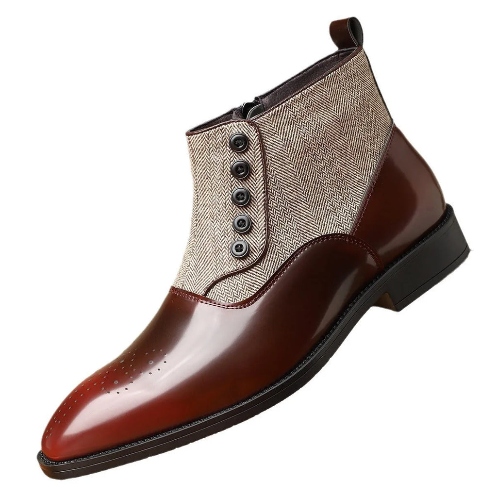 Men's brown and green retro formal leather-style shoes with side zipper and square toe.