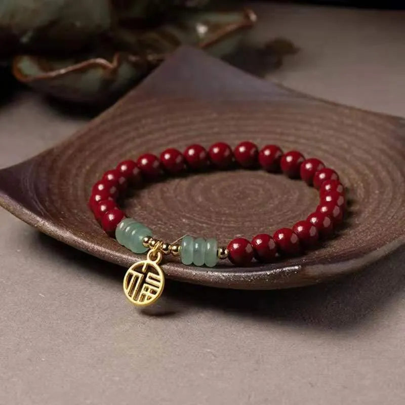Handmade wave-shaped cinnabar and copper bracelet in national style design