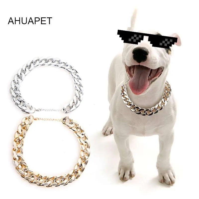 Geometric twisted chain dog collar in metallic colours showing adjustable buckle and chain links