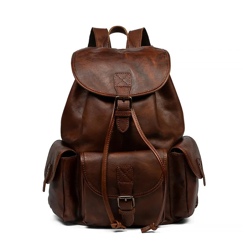 Genuine leather retro backpack for men, top grain, light brown, with ergonomic back panel and geometric pattern