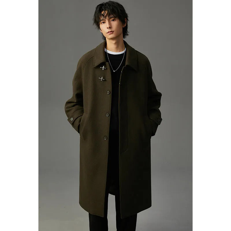 Men's double-sided polyester woolen coat in mid-length lapel style, available in black, olive green, and dark coffee, sizes M to 3XL