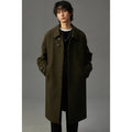 Men's double-sided polyester woolen coat in mid-length lapel style, available in black, olive green, and dark coffee, sizes M to 3XL