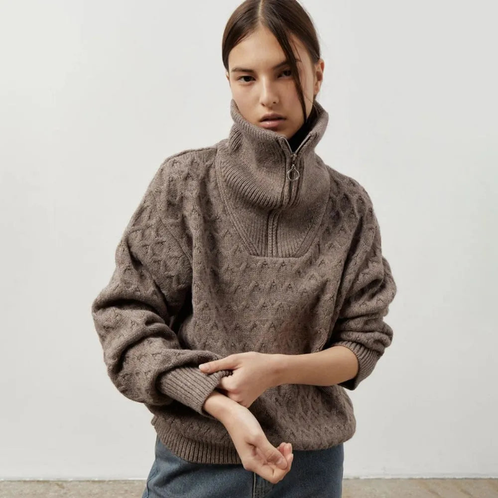 Women's high-neck half zip pullover sweater in apricot with crochet details on front