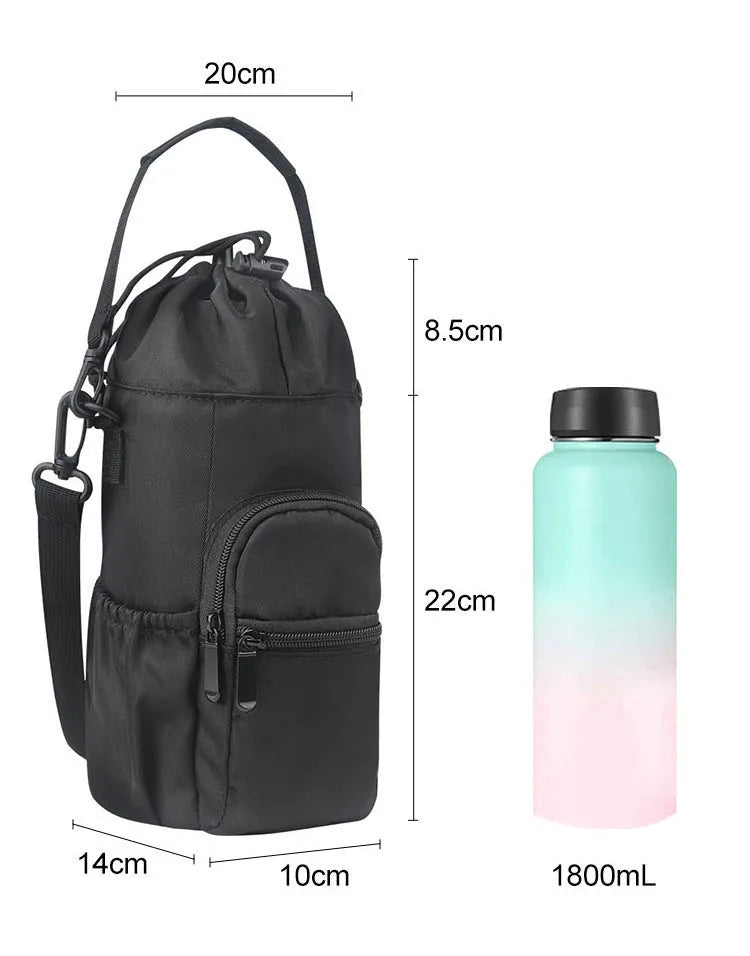 Black cloth crossbody water bottle pouch shown holding a bottle.