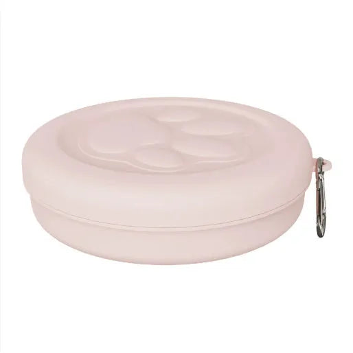 Portable dog bowl with removable lid in light pink and green colour options showing small and large size variants