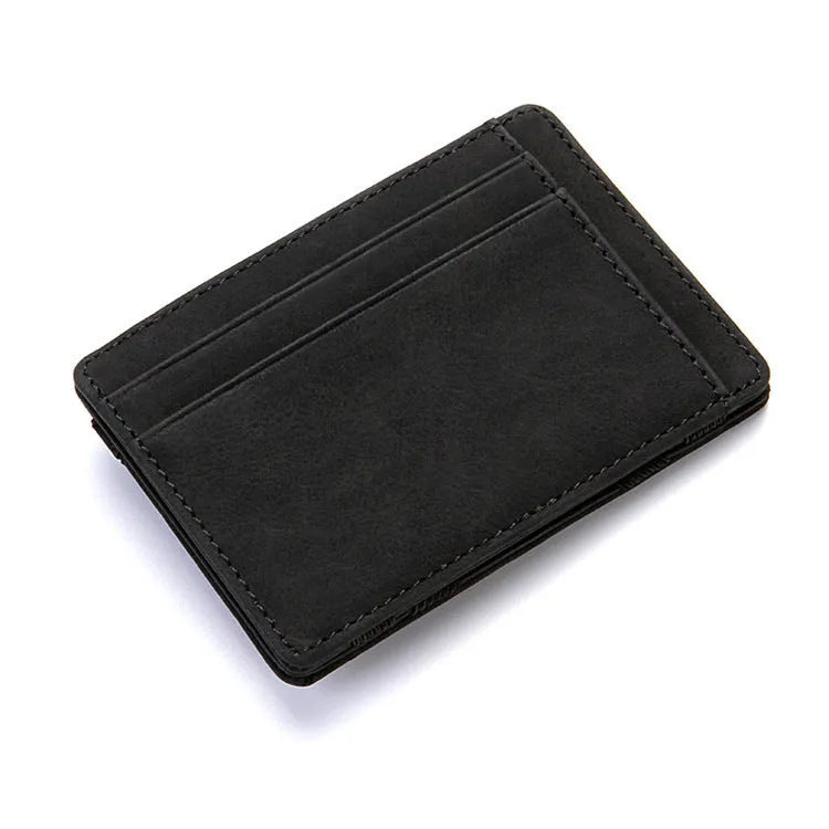 PU creative magic wallet in solid colour showing flip card holder and zipper coin purse with sewing line details.