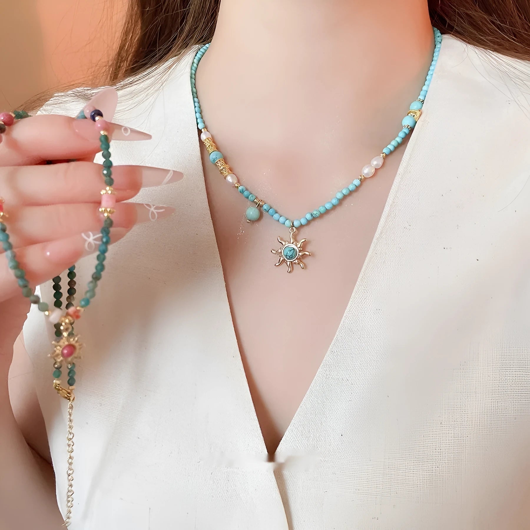 Freshwater pearl necklace with electroplated sun pendant on 41-50 cm clavicle chain